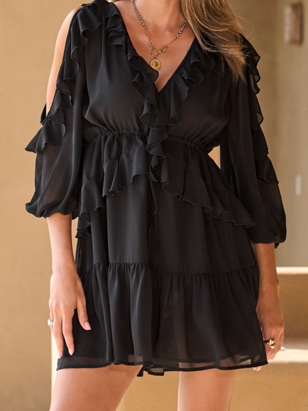 Boston Proper Black Ruffled Cold-Shoulder Chiffon Mini Dress Size XS